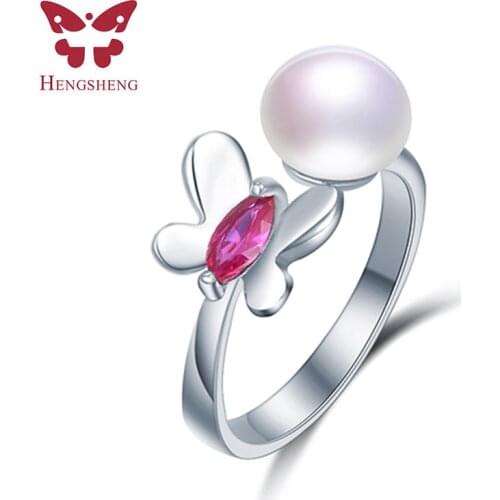 HENGSHENG Fine Jewelry Rings For Friend Birthday Gift, 8-9mm AAAA 100% Real Freshwater Adjustable Pearl Butterfly Pearl Rings