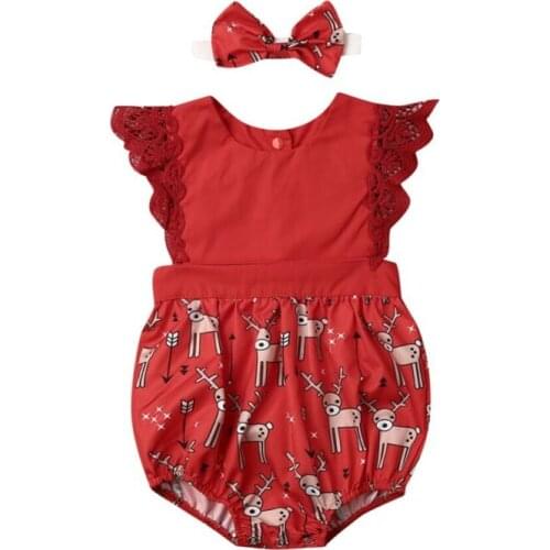 Infant Baby Girls Deer Cartoon Printed Romper Jumpsuit Headband Outfits Clothes Set Newborn Baby Girl Clothing Sets