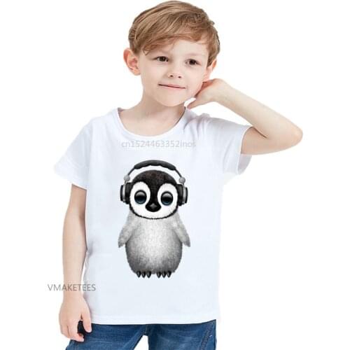 2018 Summer Girls & Boys T shirt Children Cute Baby Penguin Dj Wearing Headphones Print T-shirt Kids Funny Clothes