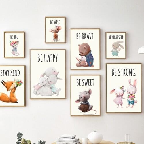 Cute Hug Rabbit Bear Mouse Fox Quote Flower Wall Art Canvas Painting Nordic Poster And Prints Wall Pictures Baby Kids Room Decor