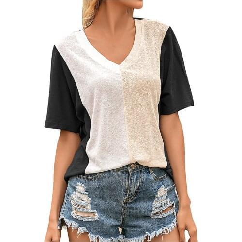 Fashion Color Patchwork Blouse Shirt Loose O-Neck Tops Tee Summer Casual Ladies Tops Female Women Short Sleeve Blusas Pullover