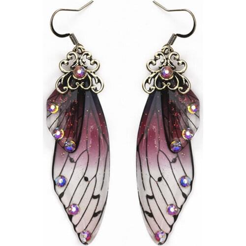 Fashion Handmade Femme Wing Drop Earrings Purple Resin Fairy Cicada Wings Earrings Rhinestone Purple Earrings Vintage Jewelry