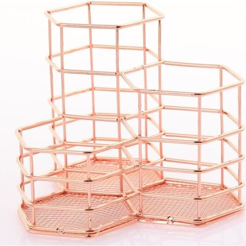 Rose Gold Iron Art Nordic Desk Organizer Storage Accessories Make Up Brush Stand For Marker Pen Holder Stationery Container