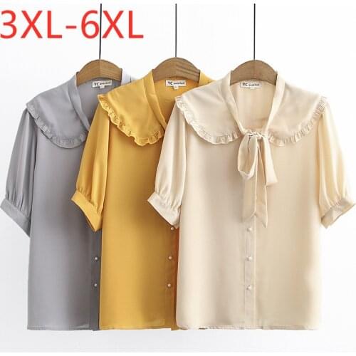 New 2021 Ladies Summer Plus Size Tops For Women Large Short Sleeve Loose Casual Beige Yellow Chiffon Shirt 3XL 4XL 5XL 6XL