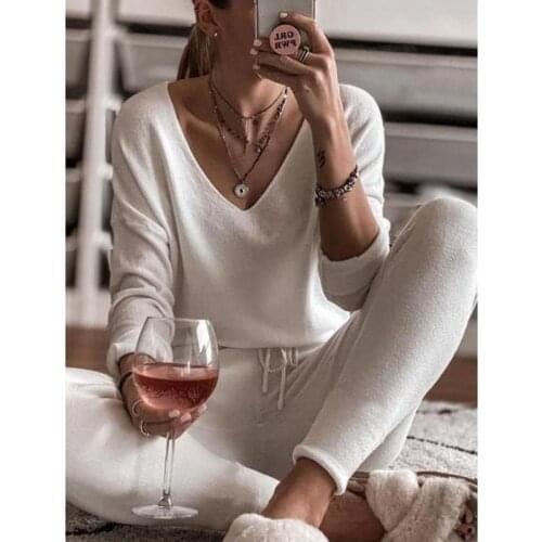 Autumn Winter Women Two Piece Pants Sets Comfort Elasticity Casual Homewear Knitted Top With Trousers Suit Long Sleeve Pajamas