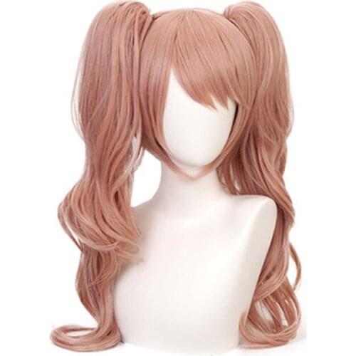 Anime Danganronpa Enoshima Junko Cosplay Wig Pink Long Wavy with Ponytail Clip Heat Resistant Halloween Cos Wig + Bear Hairpins