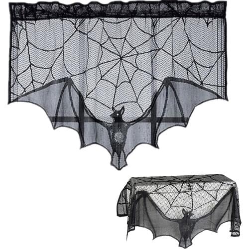 1pcs Scary Halloween Decor Black Lace Spider Web Cobweb Bat Fireplace Mantle Scarf Cover Stove Cloth Ghost Festival Party Supply