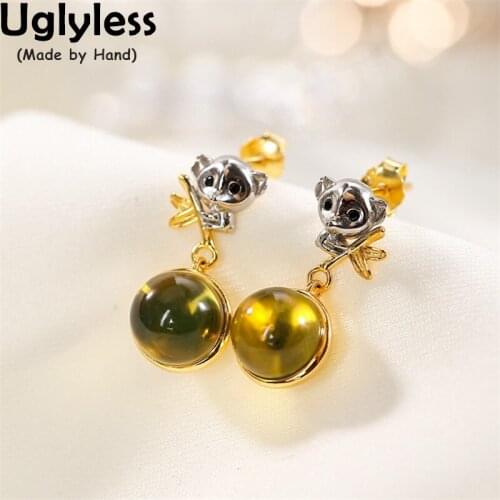Uglyless Lovely Koala Earrings for Women Real 925 Sterling Silver Animals Drop Earrings Jade Balls Gemstones Fine Jewelry E1351