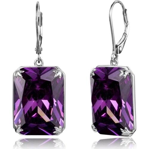 Real 925 Sterling Silver Earrings For Women Fashion Jewelry Gemstones Amethyst Rectangle Engagement Wedding Fine Jewellery Gift