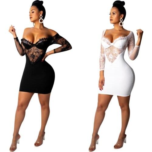 Women Long Sleeve Lace Mini Dress Sexy Backless Mesh See Through Evening Party Dresses Elegant Office Lady White Dress