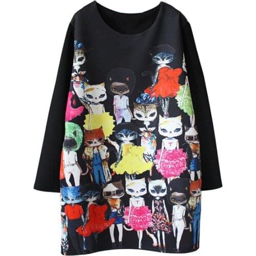 Women Cute Cat Cartoon Print Dress Casual Loose Long Sleeve Black Straight Party Elegant Vintage Dresses Plus Size