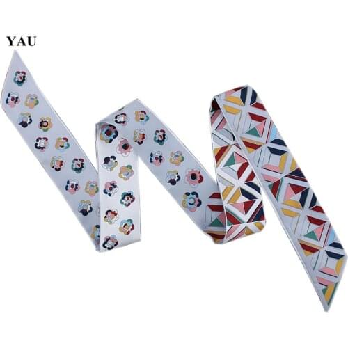 120cm*5cm Twill Silk Woman Scarves Small Long Little Flower Cube Diamond Printed Fashion Luxury Brand Scarf Female Ribbons Tie