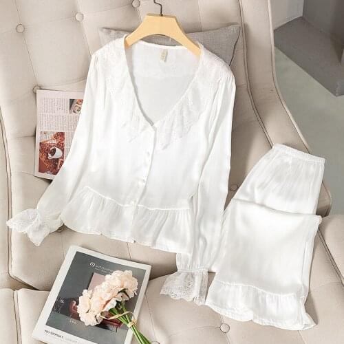White Sweet Lace Trim Shirt&Pant 2PCS Pajamas Set Lady Casual V-Neck Home Clothe Faux Silk Nightwear Spring Autumn New Sleepwear