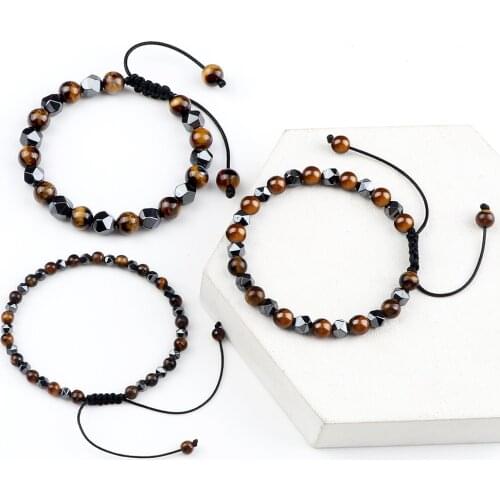 4 6 8mm Natural Stone Beaded Bracelet Handmade Hematite Men Tiger Eye Black Lava Bracelets Balance Jewelry Women Yoga Bangles