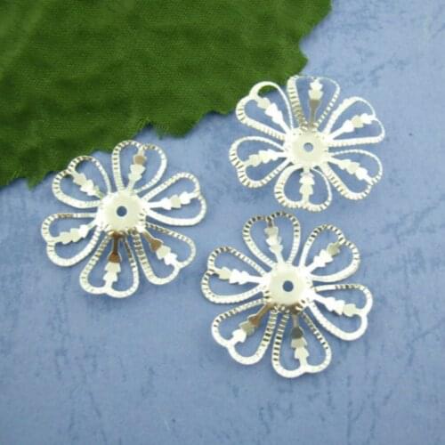 DoreenBeads Alloy Filigree Beads Caps Flower Silver Plated DIY Making Earrings Handmade Jewelry Findings 28mm x 28mm, 100 PCs