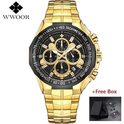 Top Brand Luxury WWOOR Waterproof Watches Men Gold Chronograph Watch Man Big Dial Male Stainless Steel Wrist Watch Men 2019