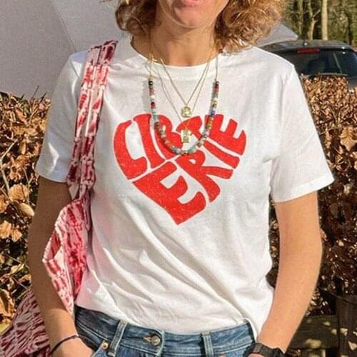 LIBERTE Heart Print T-Shirt Women Round Neck Short Sleeve Casual Cotton White Tees Tops Summer 2021 Vintage T-Shirts Femme