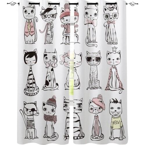 Cat Hipster Animal Cartoon Window Curtains LivingRoom Kitchen Curtains Left and Right Biparting Open