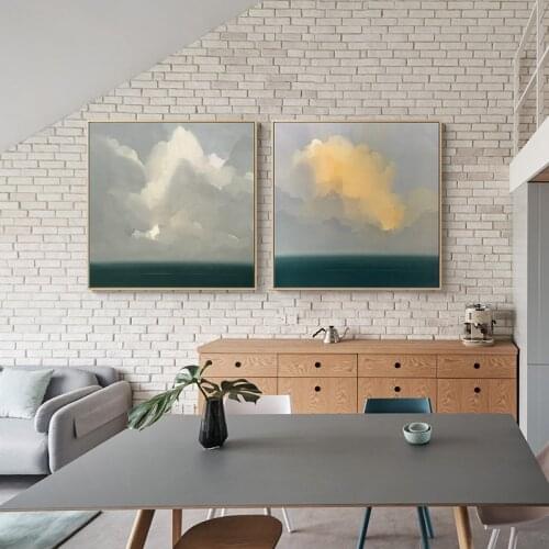 Nordic Abstraction Sky Scenery White Orange Cloud Square Texture Canvas Painting Wall Picture Poster For Living Room Decoration