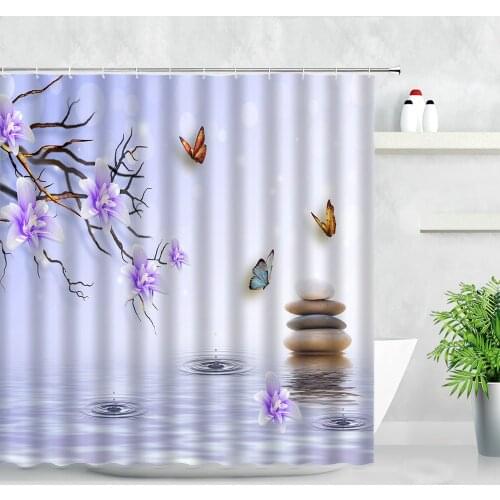 Purple Floral Shower Curtain Set Butterfly Flower Zen Stone Landscape Modern Home Bathroom Decor Waterproof Fabric Bath Curtains