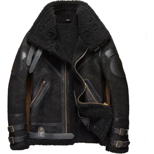 Denny&Dora B3 Shearling Leather Jacket Mens Shearling Coat Crack Texture Pilot Leather Jacket