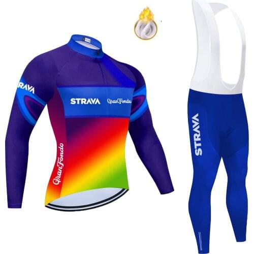 Colorful Winter Thermal Fleece STRAVA Cycling Jersey Set Mens Long Sleeve MTB Bicycle Clothing Bike Clothes Sportswear Wear Suit
