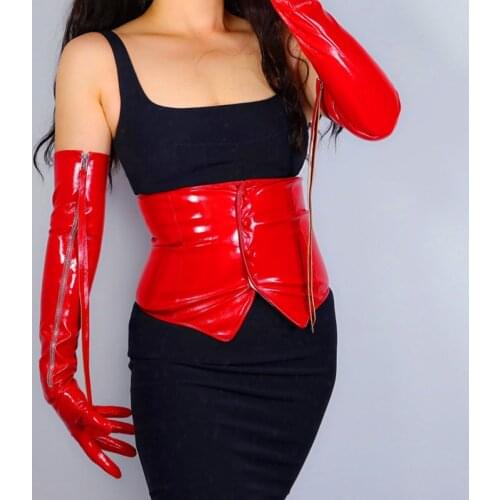 LATEX LONG GLOVES Faux Patent Leather PU 60cm Red Silver Zipper Pull Tassel Women Leather Gloves 2020 NEW WPU225