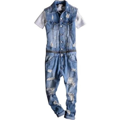Mens Casual Sleeveless Long Overalls Detachable Denim jacket Mens Siamese Hip Hop Denim jacket set Size M L XL XXL