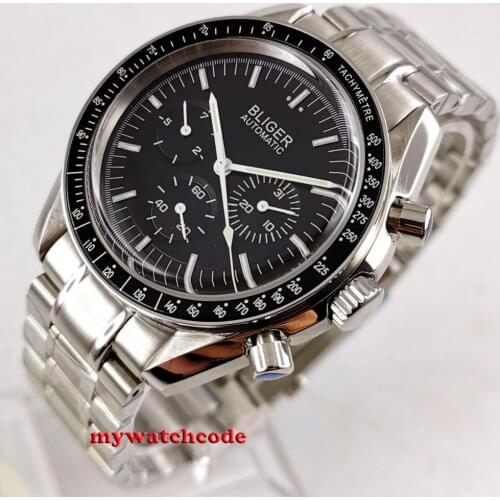 New 40mm bliger black sterile dial domed glass steel bracelet day week indicator Mechanical automatic mens watch B215