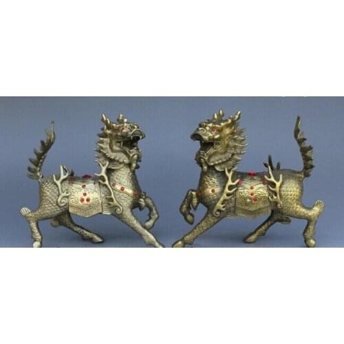 Wholesale factory Decoration Brass China Pure Brass Guard JiXiang Dragon Kylin Beast Statue Figurine Pair 25% off