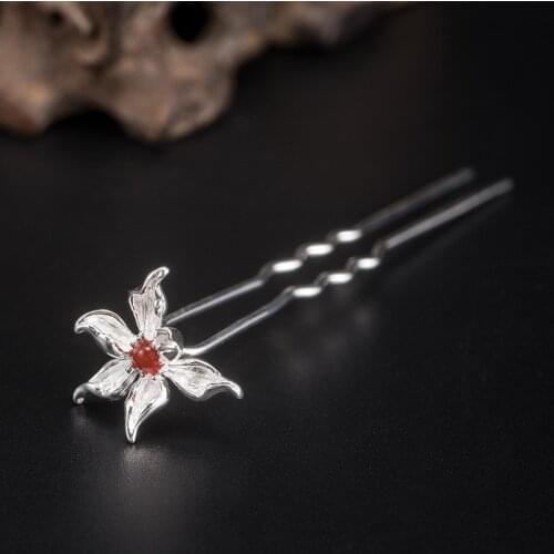 Orchid 925 Sterling Silver Hair Fork Red Agate Hairpin Flower Women Luxury Hair Jewelry