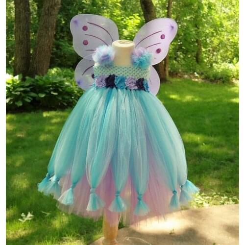 Girls Aqua Butterfly Fairy Flower Tutu Dress Kids Tulle Dress Ball Gown with Wing Children Christmas Party Cosplay Costume Dress
