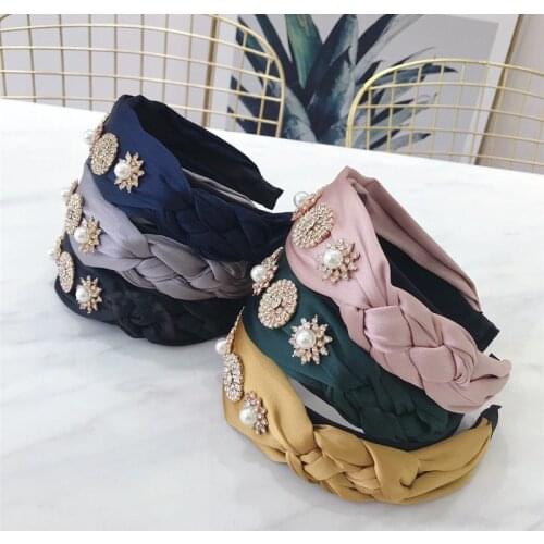 Summer Hot Satin Braided Knotted Hairband With Metal Flower Rhinestone Headband Hair Accessories