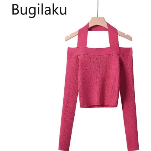 Bugilaku Slim Fit Pullover Solid Color Bare Shoulder Vintage Tops Autumn New Elegant Basic Sweater Long Sleeve Casual Pull Femme