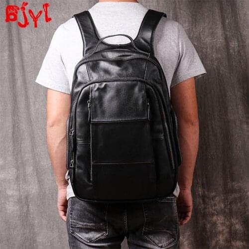 New leather mens backpack soft black leather large capacity business casual youth laptop backpacks men fashion school bags