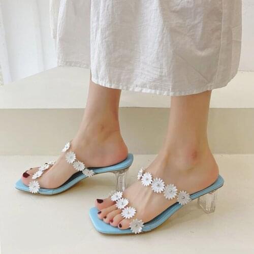 Flower Transparent High Heels Women Square Toe Sandals Summer Shoes Woman Clear High Pumps Wedding Jelly Heels Slippers 2021