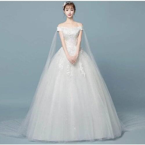 Wedding Dress Empire Off The Shoulder Embroidery Fashion Boat Neck Floor-Length Lace Up Plus Size Wedding Gowns For Women G246