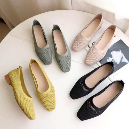 Square toe shoes womens spring/summer 2021 new shallow mouth fly woven breathable soft sole comfortable womens shoes