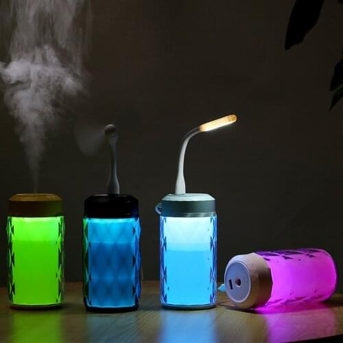 Humidifier Coloured Diamond Mini For Car Home Bedroom Humidifier With USB Fan Light Three-In-One Non-Slip Base Humidificador