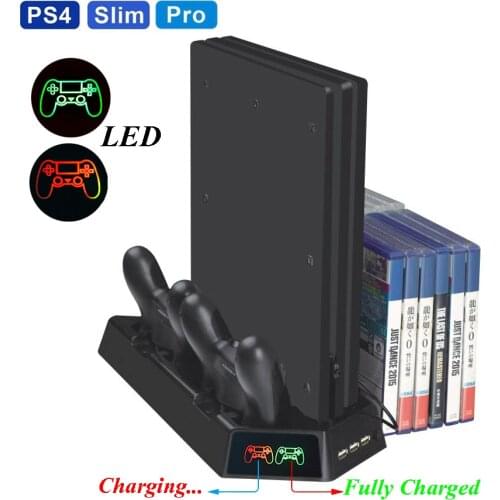 PS4 Slim PRO LED Vertical Stand with Cooling Fan Cooler Dual Controller Charger Charging Station for SONY Playstation 4
