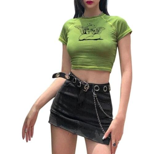 Women’s Summer Short Sleeve T-shirt Fashion Angel Printing Slim Fit Exposed Navel Tops