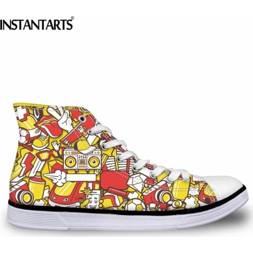 INSTANTARTS Cartoon High Top Student Shoes Women Casual Canvas Flat Shoes Breathable Lace-up Vulcanize Canvas Zapatos for Ladies