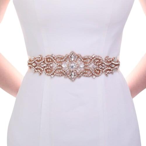 Rose Gold Crystal Bridal Sash Womens Rhinestones Belt Handmade Satin Wedding Sash For Wedding Party Dress Accessories 2021