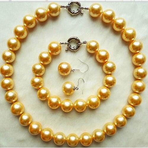 Free Shipping 12mm elegant Women Shell Pearl Gold-Color Making round bead Necklace Bracelet Earring Bead women Jewelry set 925