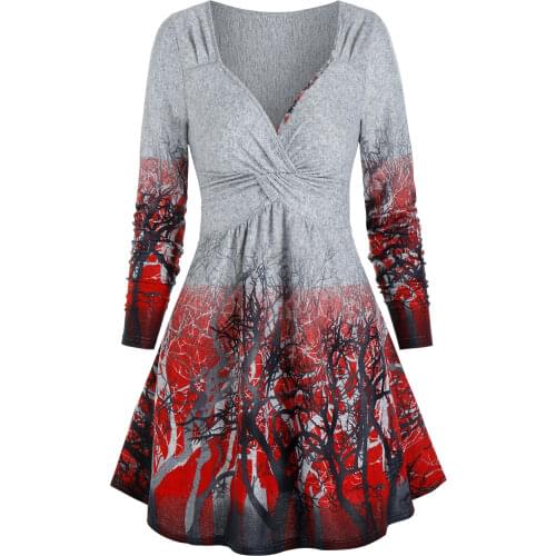Wipalo Gothic Casual Dress Autumn Women Long Sleeve Trees Print Twist Front Dress Vestidos Robes Plus Size Sexy Party Mini Dress