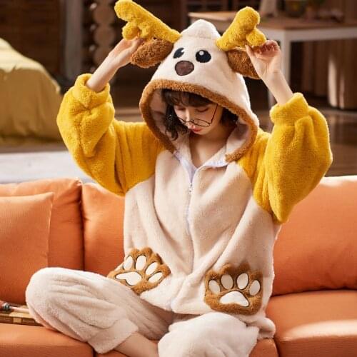 Winter Pyjamas Hooded Nonopnd Loose Version Woman Sleepwear Medium Style Thicken Partysu Video Zip Pajamas Plush Packed Trend