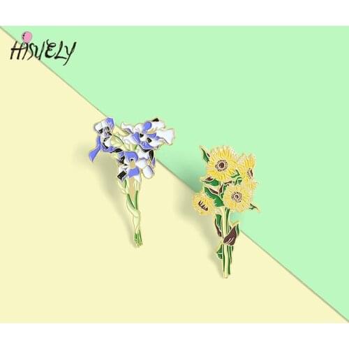 Fashion Sunflowers Iris Enamel Pins Custom Bouquet Brooches Bag Clothes Lapel Pin Badge Plant Jewelry Gift for Lover Girl Friend