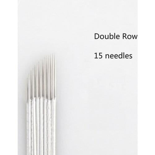 50 PCS Double Row 15-pin Tattoo Eyebrow Needle Manual Needle Bevel Blade 3D Embroidery for Permanent Makeup Eyebrow Tattoo Blade