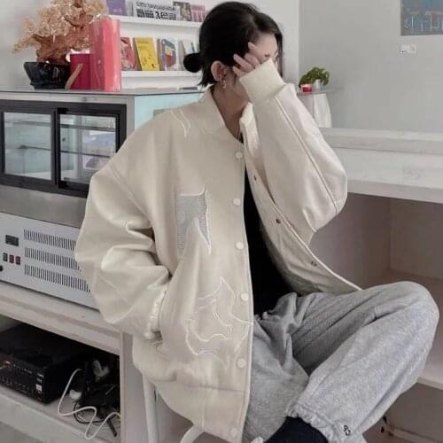 Hot Drilling Embroidered Woolen Cloth Patchwork Faux Leather Baseball Jacket Women Loose Casual Autumn 2021 Female Bomber Jacket