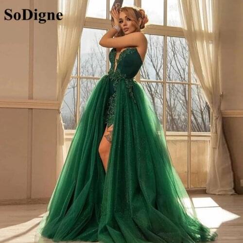 SoDigne Shiny Green Lace Evening Dress 2021 Detachable Train Appliques Strapless Tulle Prom Party Gowns vestidos de fiesta